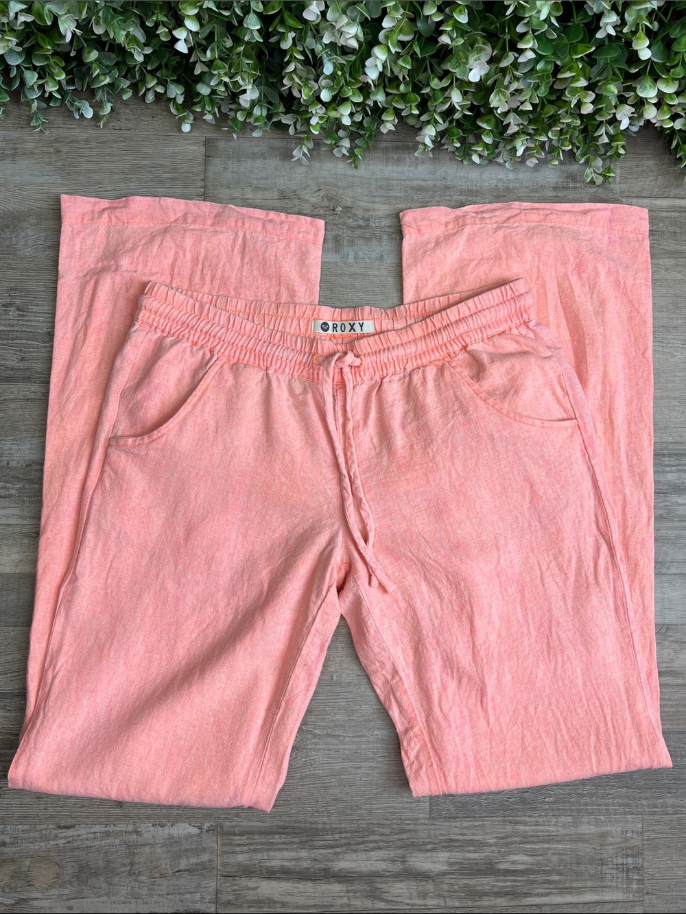 Roxy Linen Wide Leg Flare Drawstring Pants - Picture 2 of 13
